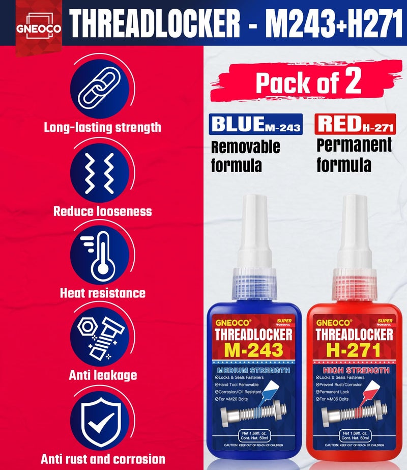 GNEOCO ThreadLocker Blue and Red, Thread Lock Medium High Strength Lock Tight for Nuts, Bolts, Fasteners and Metals, Anaerobic Curing Metal Glue to Prevent Loosening and Corrosion (M243 H271-100ml) - Image 2